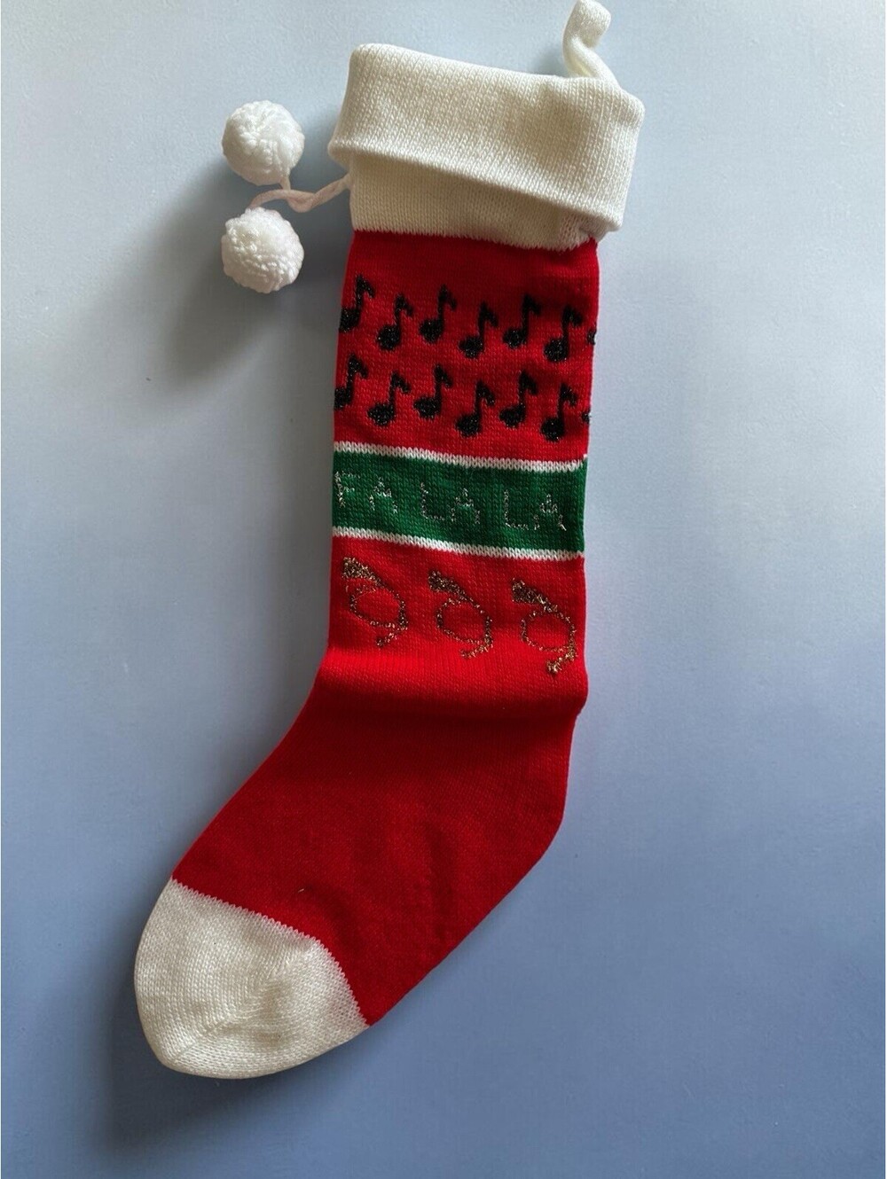 20" Vintage Knit Christmas Stocking Wreath Hearts Bells Ugly Sweater Stocking